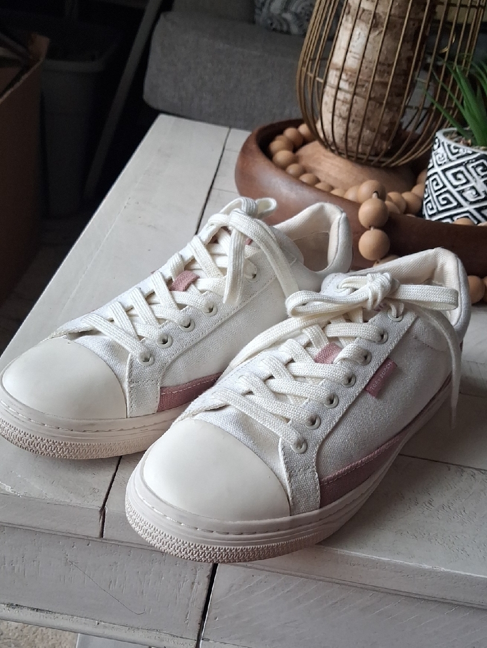 Tory Burch Cream Canvas Sneakers with Pink Accent